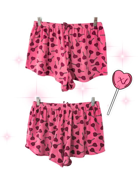 Pants - Deadstock Coquette Pink Velour Heart Lollipop Plush Lounge Shorts Lovecore XL